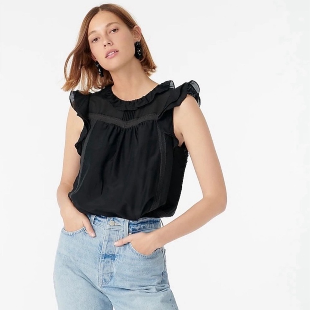 J. Crew Flutter-sleeve top cotton silk voile Black size S lace trim ruffleneck